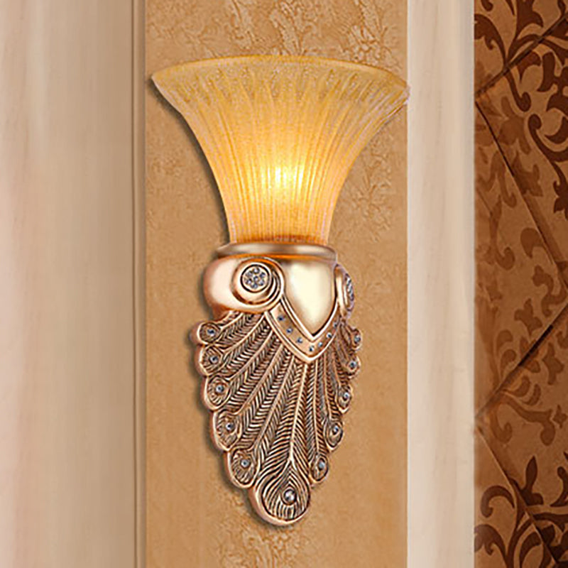 Amber Flared Wall Lamp Antique Prism Glass 1 Light Bedroom Sconce Light with Gold Peacock Tail Base, 10"/13" Wide Clearhalo 'Wall Lamps & Sconces' 'Wall Lights' Lighting' 253148