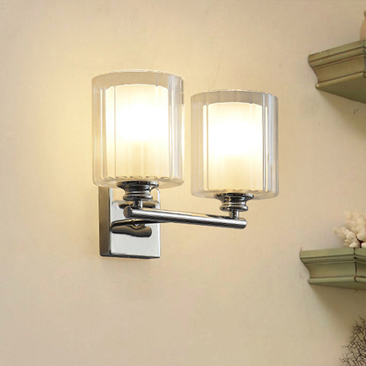 2 Bulbs Wall Light with Cylinder Shade Clear Glass Modern Living Room Sconce Lighting Fixture in White White Clearhalo 'Cast Iron' 'Glass' 'Industrial' 'Modern wall lights' 'Modern' 'Tiffany' 'Traditional wall lights' 'Wall Lamps & Sconces' 'Wall Lights' Lighting' 253154