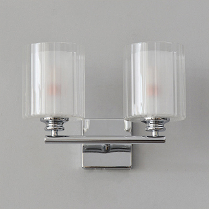 2 Bulbs Wall Light with Cylinder Shade Clear Glass Modern Living Room Sconce Lighting Fixture in White Clearhalo 'Cast Iron' 'Glass' 'Industrial' 'Modern wall lights' 'Modern' 'Tiffany' 'Traditional wall lights' 'Wall Lamps & Sconces' 'Wall Lights' Lighting' 253156