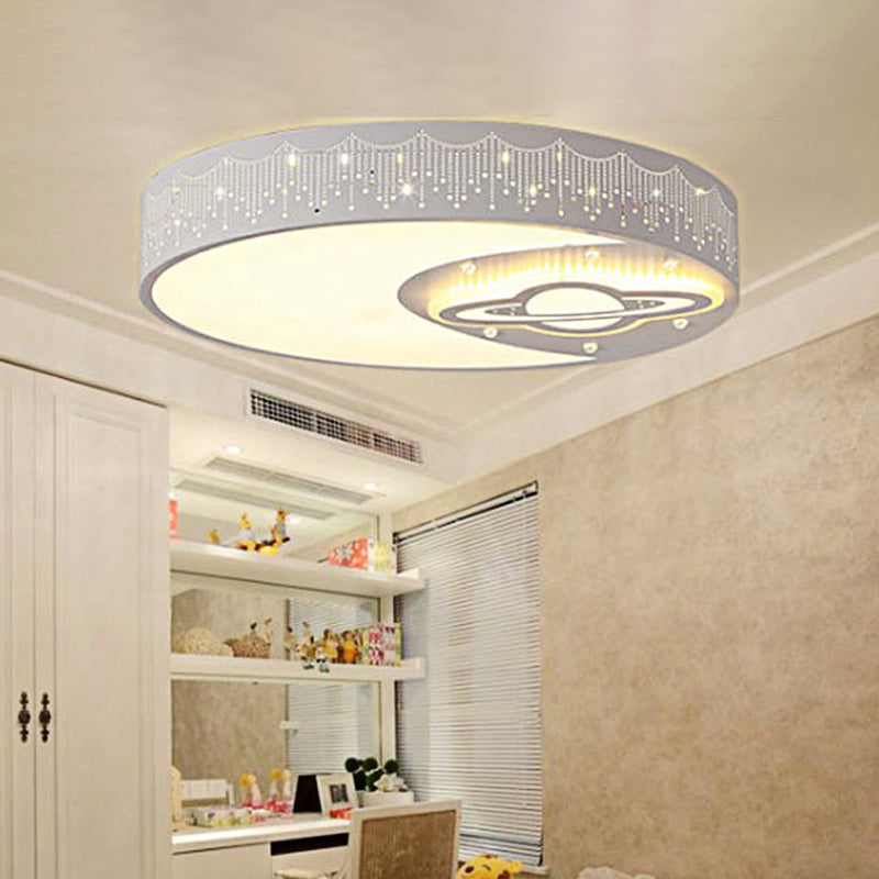 Round Child Bedroom Ceiling Light with Moon and Planet Metal Creative Flush Mount Light in White White Clearhalo 'Ceiling Lights' 'Close To Ceiling Lights' 'Close to ceiling' 'Flush mount' Lighting' 253157