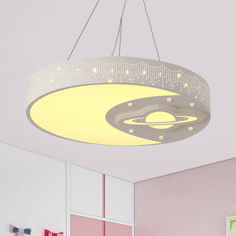 Metal Round Pendant Light with Moon and Planet Living Room Kids Chandelier in White Clearhalo 'Ceiling Lights' 'Pendant Lights' 'Pendants' Lighting' 253160