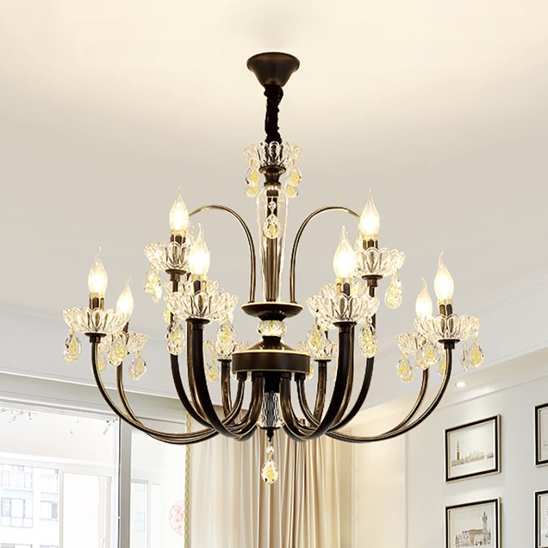 Black Candle Chandelier Lamp Rustic Metal 12/15 Lights Living Room Hanging Light Kit with Crystal Accent Clearhalo 'Ceiling Lights' 'Chandeliers' Lighting' options 253197