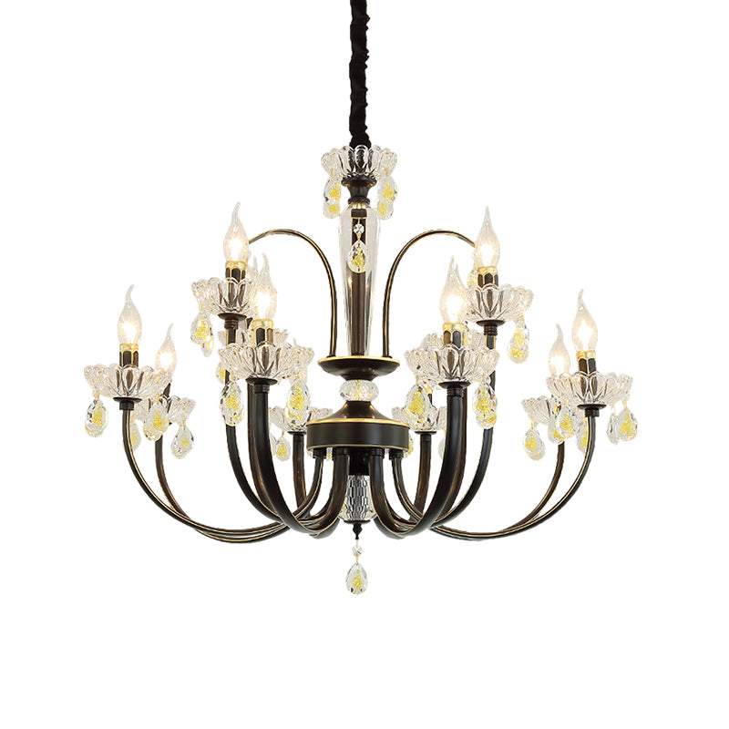 Black Candle Chandelier Lamp Rustic Metal 12/15 Lights Living Room Hanging Light Kit with Crystal Accent Clearhalo 'Ceiling Lights' 'Chandeliers' Lighting' options 253199