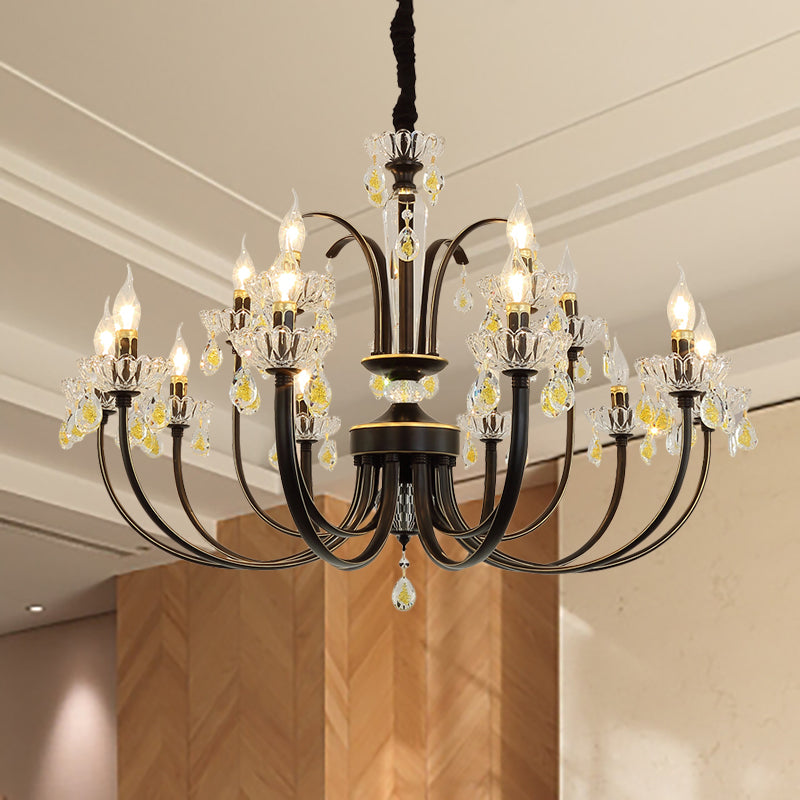 Black Candle Chandelier Lamp Rustic Metal 12/15 Lights Living Room Hanging Light Kit with Crystal Accent 15 Black Clearhalo 'Ceiling Lights' 'Chandeliers' Lighting' options 253201_c18ca29c-5f80-435c-a0c8-51e8949e444c
