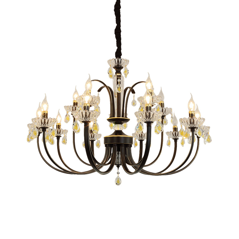 Black Candle Chandelier Lamp Rustic Metal 12/15 Lights Living Room Hanging Light Kit with Crystal Accent Clearhalo 'Ceiling Lights' 'Chandeliers' Lighting' options 253202