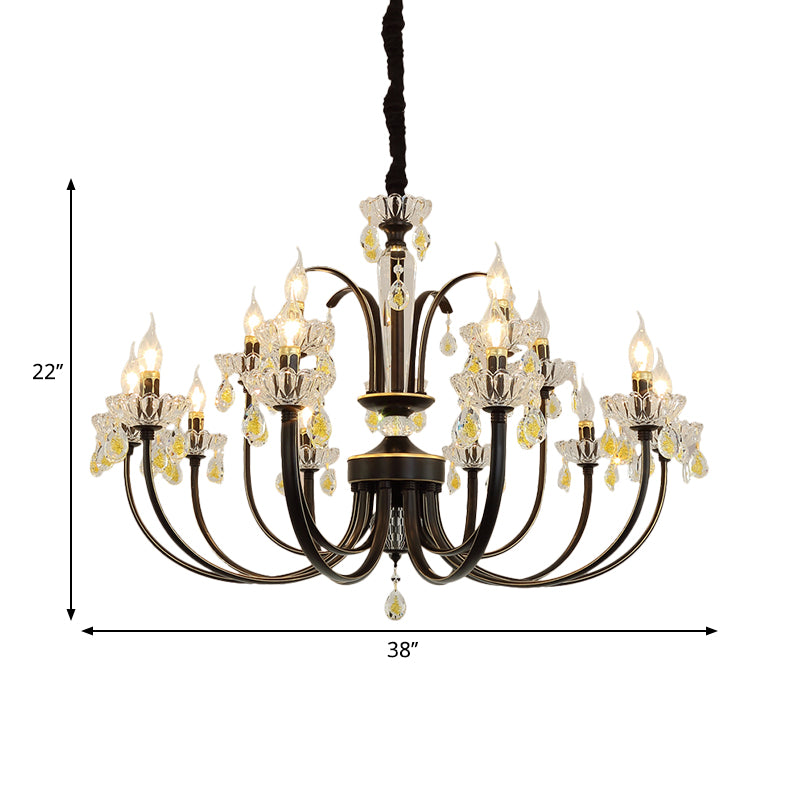 Black Candle Chandelier Lamp Rustic Metal 12/15 Lights Living Room Hanging Light Kit with Crystal Accent Clearhalo 'Ceiling Lights' 'Chandeliers' Lighting' options 253203