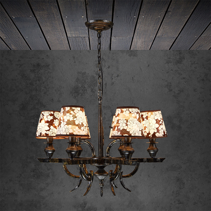 6 Lights Metal Hanging Chandelier Country Rust Tapered Dining Room Pendant Light Fixture with Fabric Shade Clearhalo 'Ceiling Lights' 'Chandeliers' Lighting' options 253230