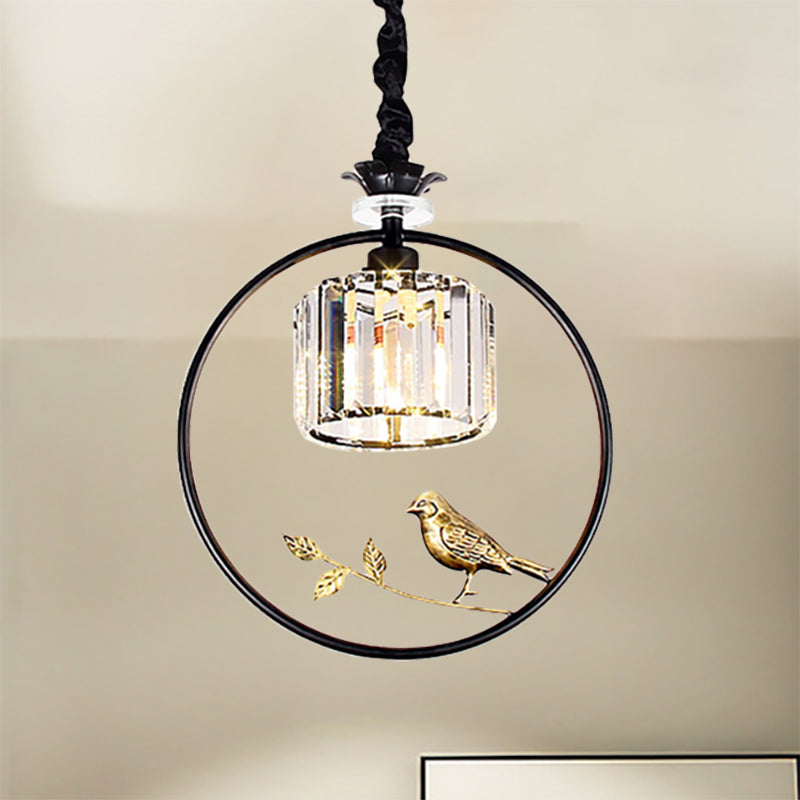 Cylinder Crystal Hanging Light Fixture Minimalist 1 Light Dining Room Pendant Lamp with Gold/Black Ring Clearhalo 'Ceiling Lights' 'Pendant Lights' 'Pendants' Lighting' 253253