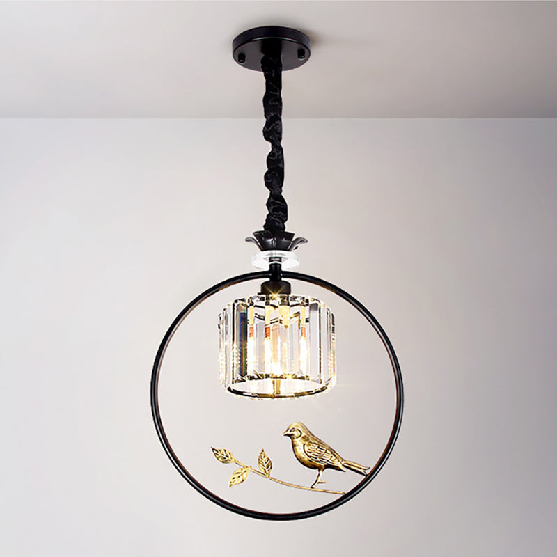 Cylinder Crystal Hanging Light Fixture Minimalist 1 Light Dining Room Pendant Lamp with Gold/Black Ring Clearhalo 'Ceiling Lights' 'Pendant Lights' 'Pendants' Lighting' 253254