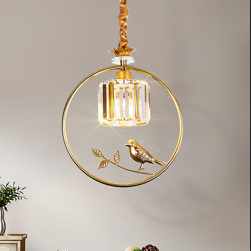 Cylinder Crystal Hanging Light Fixture Minimalist 1 Light Dining Room Pendant Lamp with Gold/Black Ring Gold Clearhalo 'Ceiling Lights' 'Pendant Lights' 'Pendants' Lighting' 253258_c5d2657e-1ed5-4960-93eb-6aefa22569d9