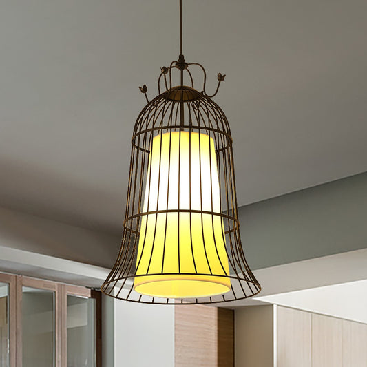 Bell White Glass Hanging Light Vintage 1 Light Dining Room Pendant Light with Black Wire Cage, 10"/14" Wide Clearhalo 'Ceiling Lights' 'Pendant Lights' 'Pendants' Lighting' 253284