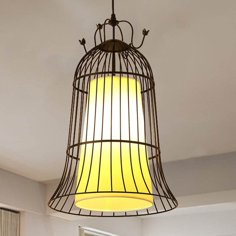 Bell White Glass Hanging Light Vintage 1 Light Dining Room Pendant Light with Black Wire Cage, 10"/14" Wide Clearhalo 'Ceiling Lights' 'Pendant Lights' 'Pendants' Lighting' 253285