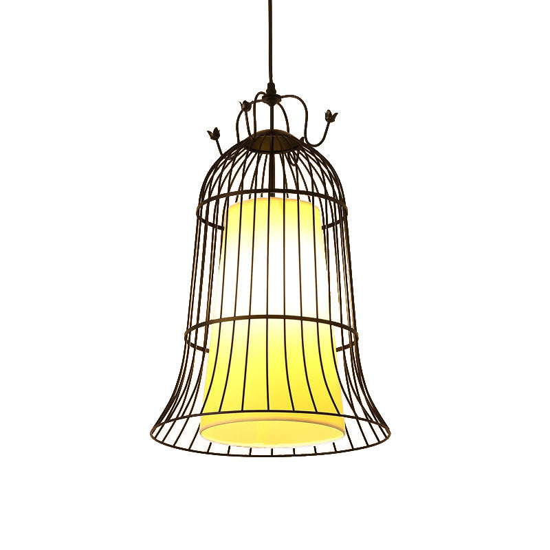 Bell White Glass Hanging Light Vintage 1 Light Dining Room Pendant Light with Black Wire Cage, 10"/14" Wide Clearhalo 'Ceiling Lights' 'Pendant Lights' 'Pendants' Lighting' 253286