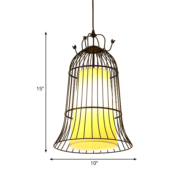 Bell White Glass Hanging Light Vintage 1 Light Dining Room Pendant Light with Black Wire Cage, 10"/14" Wide Clearhalo 'Ceiling Lights' 'Pendant Lights' 'Pendants' Lighting' 253287