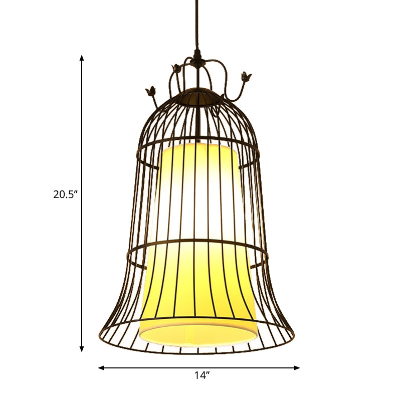 Bell White Glass Hanging Light Vintage 1 Light Dining Room Pendant Light with Black Wire Cage, 10"/14" Wide Clearhalo 'Ceiling Lights' 'Pendant Lights' 'Pendants' Lighting' 253288