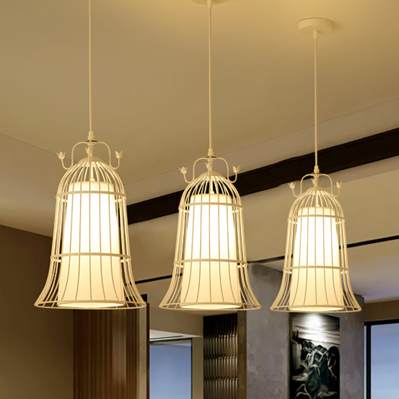 Bell White Glass Hanging Light Vintage 1 Light Dining Room Pendant Light with Black Wire Cage, 10"/14" Wide Clearhalo 'Ceiling Lights' 'Pendant Lights' 'Pendants' Lighting' 253289