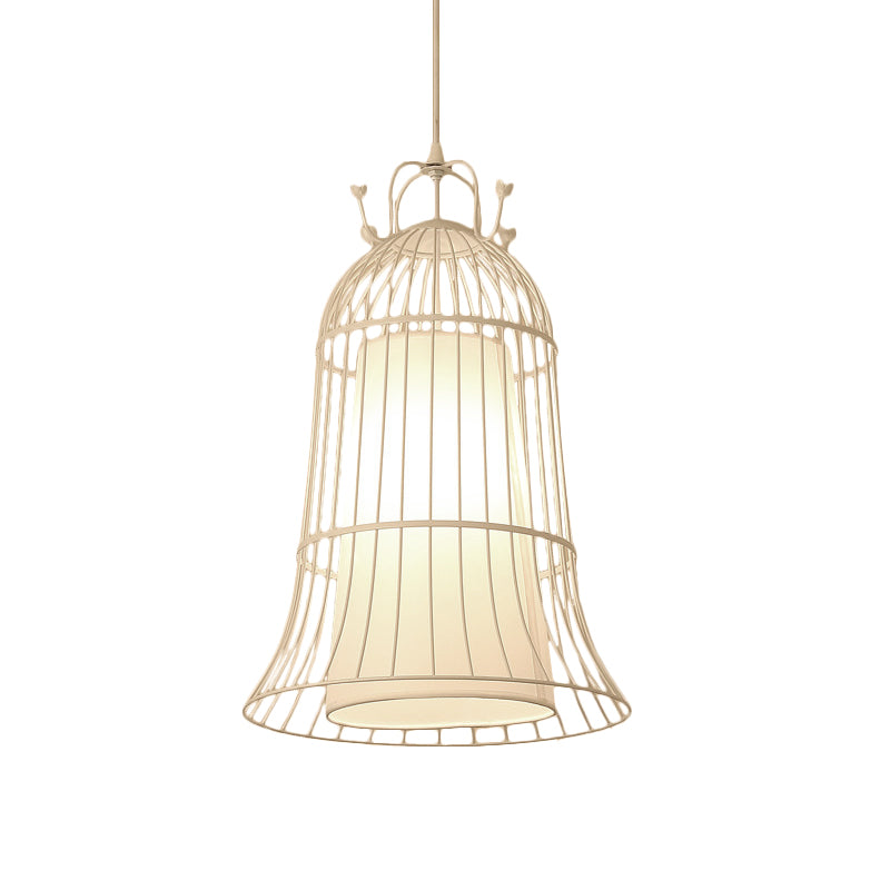 Bell White Glass Hanging Light Vintage 1 Light Dining Room Pendant Light with Black Wire Cage, 10"/14" Wide White Clearhalo 'Ceiling Lights' 'Pendant Lights' 'Pendants' Lighting' 253290_b4517167-5196-420f-b71b-0f90875977f9