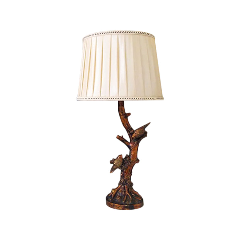 1-Light Fabric Reading Lamp Rustic Beige Drum Bedroom Desk Light with Tree and Birds Clearhalo 'Lamps' 'Table Lamps' Lighting' 253294