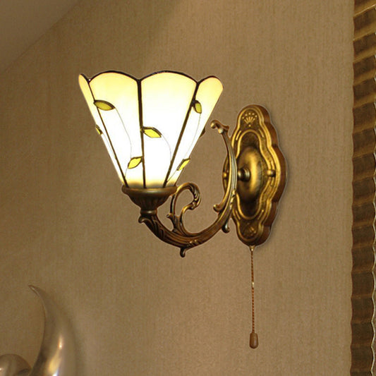 Beige Conical Wall Lighting with Leaf Design Vintage Rustic Single Light Wall Sconce Clearhalo 'Industrial' 'Middle century wall lights' 'Tiffany wall lights' 'Tiffany' 'Wall Lamps & Sconces' 'Wall Lights' Lighting' 253405