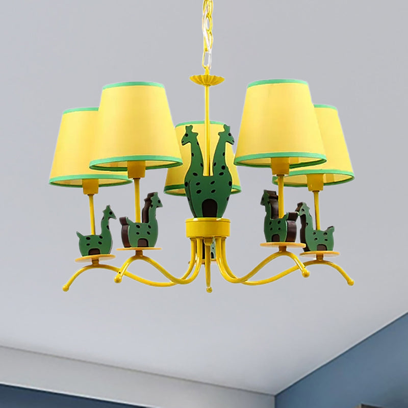 Wood Giraffe Chandelier Light with Tapered Shade Living Room Cartoon Hanging Light in Yellow 5 Yellow Clearhalo 'Ceiling Lights' 'Chandeliers' Lighting' options 253455_47495b57-589e-44f7-af9e-c471d1f98b16