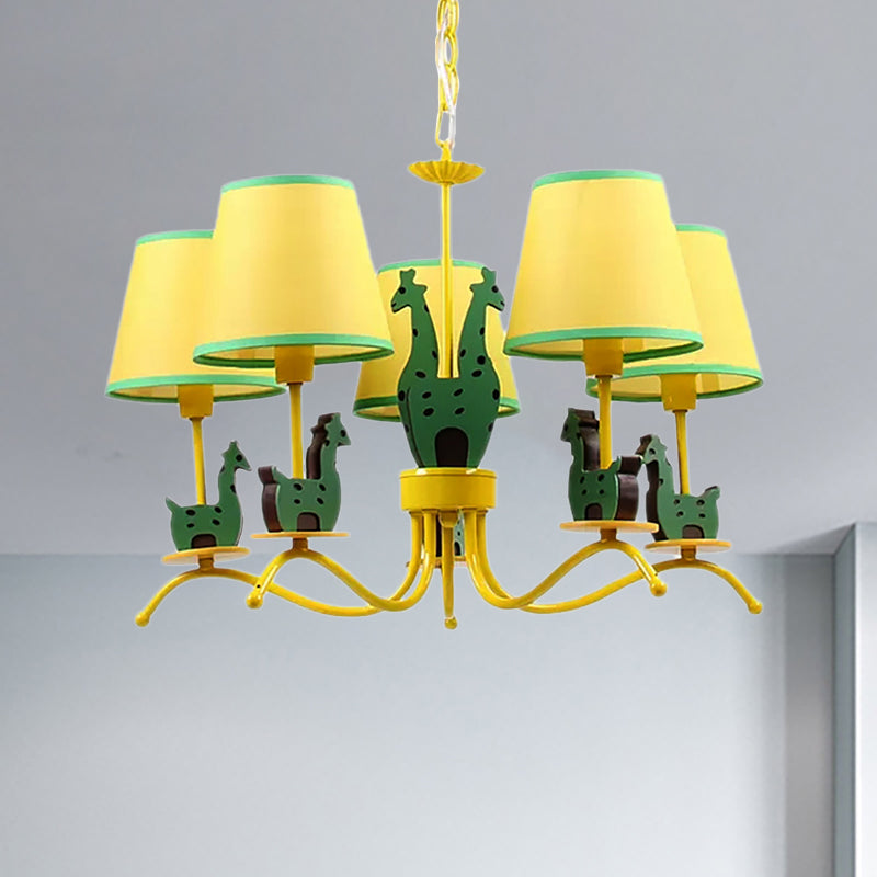 Wood Giraffe Chandelier Light with Tapered Shade Living Room Cartoon Hanging Light in Yellow Clearhalo 'Ceiling Lights' 'Chandeliers' Lighting' options 253456