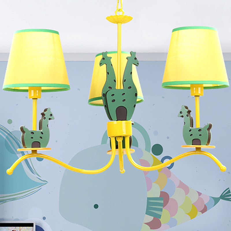 Wood Giraffe Chandelier Light with Tapered Shade Living Room Cartoon Hanging Light in Yellow Clearhalo 'Ceiling Lights' 'Chandeliers' Lighting' options 253458