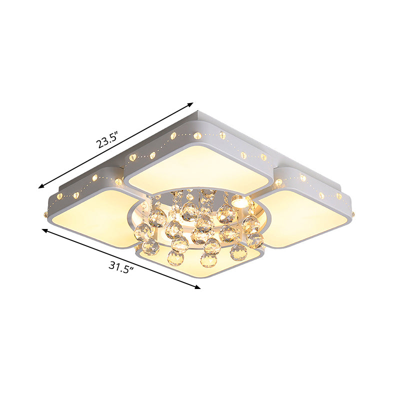 Square/Rectangle Flushmount Lamp Modernism Metal Led White Ceiling Light Fixture with Crystal Ball, 19.5"/23.5"/35.5" W Clearhalo 'Ceiling Lights' 'Close To Ceiling Lights' 'Close to ceiling' 'Flush mount' Lighting' 253468