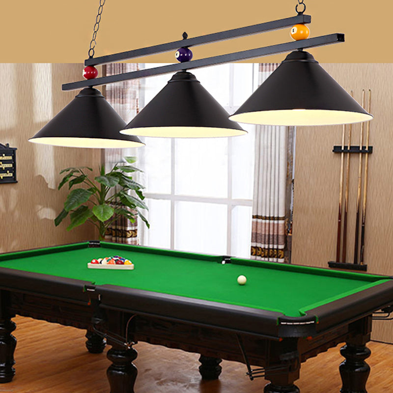 Industrial Style Cone Shade Ceiling Pendant 3 Heads Metal Island Lighting with Billiard Ball Deco in Black/Red Black Clearhalo 'Ceiling Lights' 'Island Lights' Lighting' 253476