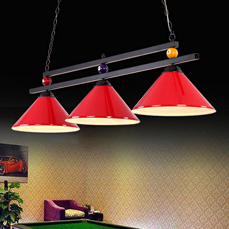 Industrial Style Cone Shade Ceiling Pendant 3 Heads Metal Island Lighting with Billiard Ball Deco in Black/Red Red Clearhalo 'Ceiling Lights' 'Island Lights' Lighting' 253478