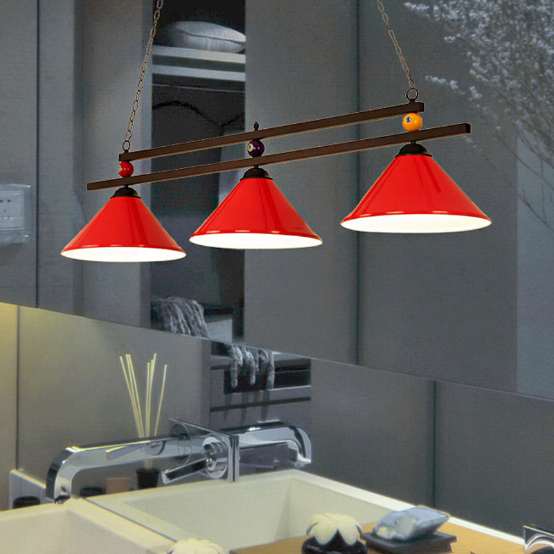 Industrial Style Cone Shade Ceiling Pendant 3 Heads Metal Island Lighting with Billiard Ball Deco in Black/Red Clearhalo 'Ceiling Lights' 'Island Lights' Lighting' 253479