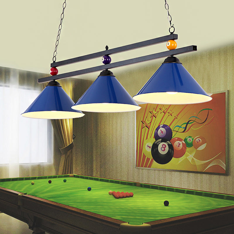 Industrial Style Cone Shade Ceiling Pendant 3 Heads Metal Island Lighting with Billiard Ball Deco in Black/Red Blue Clearhalo 'Ceiling Lights' 'Island Lights' Lighting' 253480