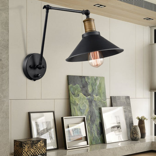 2 Packs Cone Bedroom Wall Mount Light Vintage Metal 1 Bulb Black Wall Lighting with Adjustable Arm Black Clearhalo 'Cast Iron' 'Glass' 'Industrial' 'Modern wall lights' 'Modern' 'Tiffany' 'Traditional wall lights' 'Wall Lamps & Sconces' 'Wall Lights' Lighting' 253538