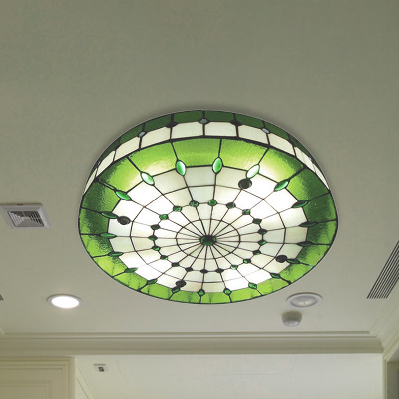 Green Round Ceiling Light Fixture Retro Style Stained Glass 3 Lights Flush Mount Ceiling Fixture Clearhalo 'Ceiling Lights' 'Close To Ceiling Lights' 'Close to ceiling' 'Flush mount' Lighting' 253540