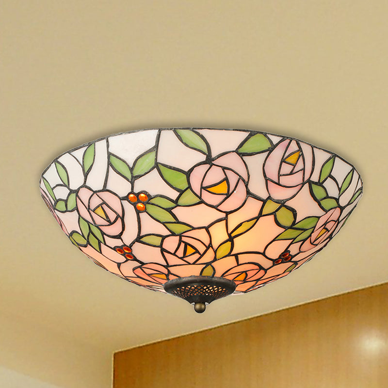 Bowl Flushmount Light Tiffany Style Stained Glass 3 Lights Flower Flush Mount Ceiling Fixture in Multicolor Green-Pink Clearhalo 'Ceiling Lights' 'Close To Ceiling Lights' 'Close to ceiling' 'Flush mount' Lighting' 253552