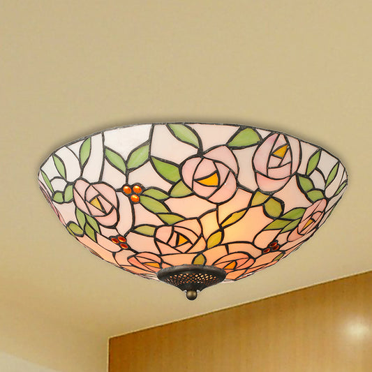 Bowl Flushmount Light Tiffany Style Stained Glass 3 Lights Flower Flush Mount Ceiling Fixture in Multicolor Green-Pink Clearhalo 'Ceiling Lights' 'Close To Ceiling Lights' 'Close to ceiling' 'Flush mount' Lighting' 253552