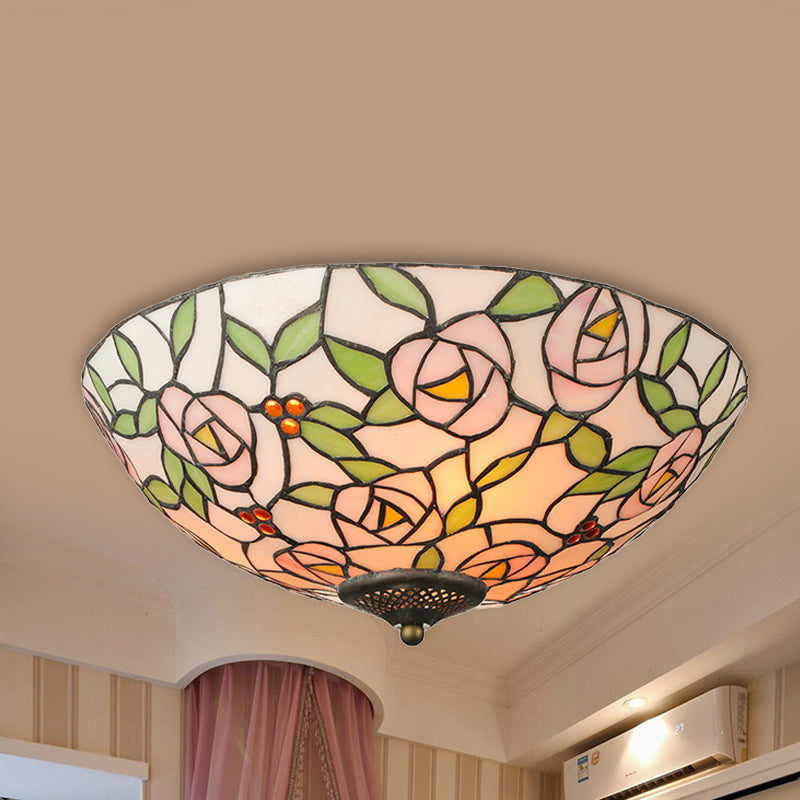 Bowl Flushmount Light Tiffany Style Stained Glass 3 Lights Flower Flush Mount Ceiling Fixture in Multicolor Clearhalo 'Ceiling Lights' 'Close To Ceiling Lights' 'Close to ceiling' 'Flush mount' Lighting' 253553