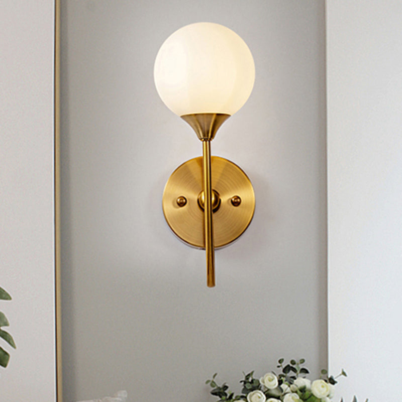 Elegant Stylish Ball Shade Wall Light 1/2 Lights Milk Glass Wall Sconce in Gold for Mirror Living Room Clearhalo 'Cast Iron' 'Glass' 'Industrial' 'Modern wall lights' 'Modern' 'Tiffany' 'Traditional wall lights' 'Wall Lamps & Sconces' 'Wall Lights' Lighting' 253580