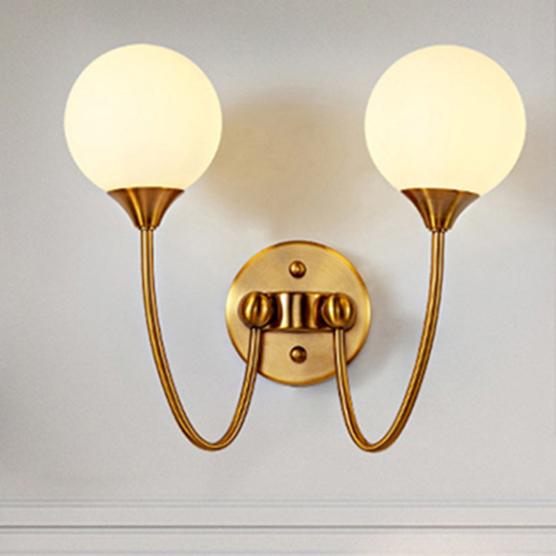 Elegant Stylish Ball Shade Wall Light 1/2 Lights Milk Glass Wall Sconce in Gold for Mirror Living Room 2.0 Gold Clearhalo 'Cast Iron' 'Glass' 'Industrial' 'Modern wall lights' 'Modern' 'Tiffany' 'Traditional wall lights' 'Wall Lamps & Sconces' 'Wall Lights' Lighting' 253581