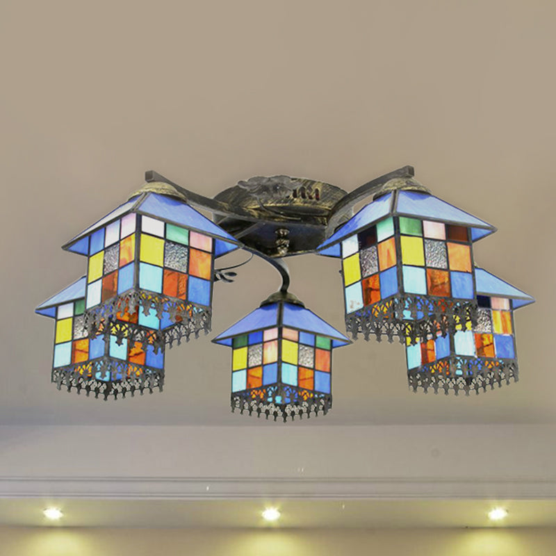 5 Lights House Semi Flushmount Lodge Glass Shade Semi Flush Ceiling Light in Antique Bronze Antique Bronze Clearhalo 'Ceiling Lights' 'Close To Ceiling Lights' 'Close to ceiling' 'Glass shade' 'Glass' 'Pendant Lights' 'Semi-flushmount' 'Tiffany close to ceiling' 'Tiffany' Lighting' 253592