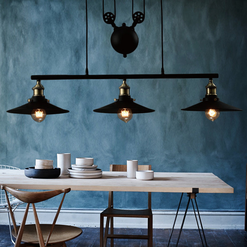 2/3 Bulbs Metal Island Pendant Light Industrial Style Black Finish Flared Shade Indoor Hanging Light Lamp 3 Black Clearhalo 'Ceiling Lights' 'Island Lights' Lighting' 253658