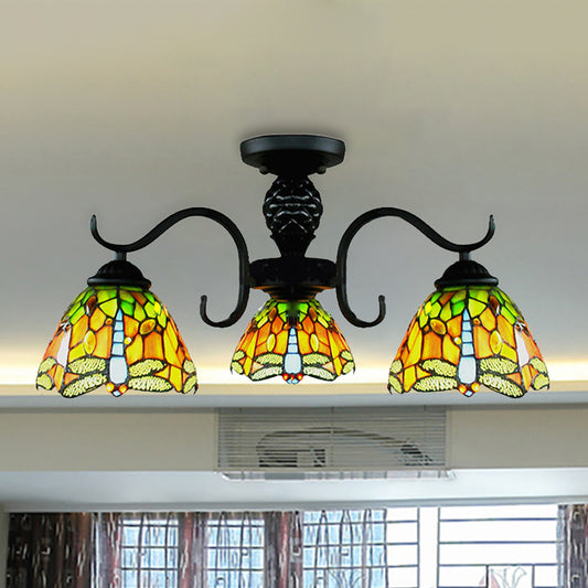 Rustic Tiffany Dragonfly Chandelier 3 Lights Stained Glass Pendant Light in Orange for Villa Orange Clearhalo 'Ceiling Lights' 'Close To Ceiling Lights' 'Close to ceiling' 'Glass shade' 'Glass' 'Pendant Lights' 'Semi-flushmount' 'Tiffany close to ceiling' 'Tiffany' Lighting' 253701