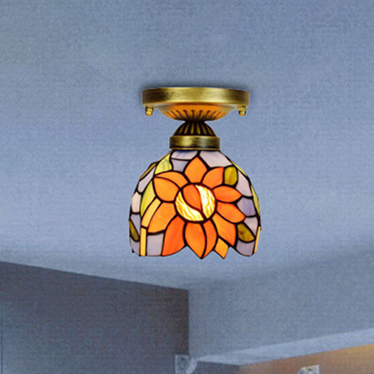 6 Inch Rustic Orange Ceiling Lamp Sunflower 1 Head Stained Glass Flush Ceiling Light for Corridor Orange Clearhalo 'Ceiling Lights' 'Chandeliers' 'Close To Ceiling Lights' 'Close to ceiling' 'Glass shade' 'Glass' 'Pendant Lights' 'Semi-flushmount' 'Tiffany close to ceiling' 'Tiffany' Lighting' 253722