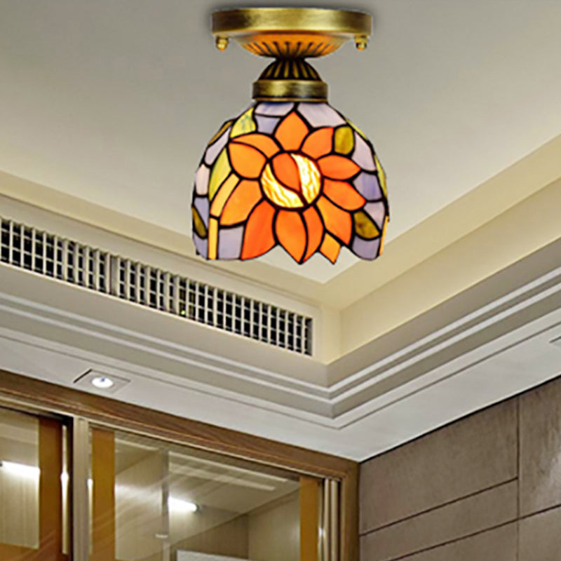 6 Inch Rustic Orange Ceiling Lamp Sunflower 1 Head Stained Glass Flush Ceiling Light for Corridor Clearhalo 'Ceiling Lights' 'Chandeliers' 'Close To Ceiling Lights' 'Close to ceiling' 'Glass shade' 'Glass' 'Pendant Lights' 'Semi-flushmount' 'Tiffany close to ceiling' 'Tiffany' Lighting' 253723