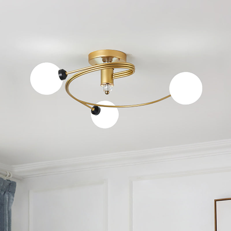 Gold Spiral Semi Flush Lighting Nordic 3/5 Lights Ceiling Flushmount with Orb Clear/Milk/White Glass Shade 3 Cream Clearhalo 'Ceiling Lights' 'Close To Ceiling Lights' 'Close to ceiling' 'Glass shade' 'Glass' 'Pendant Lights' 'Semi-flushmount' Lighting' 253748
