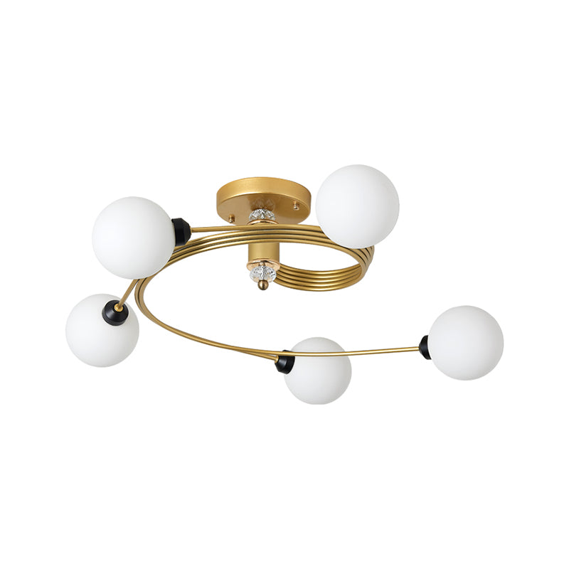 Gold Spiral Semi Flush Lighting Nordic 3/5 Lights Ceiling Flushmount with Orb Clear/Milk/White Glass Shade Clearhalo 'Ceiling Lights' 'Close To Ceiling Lights' 'Close to ceiling' 'Glass shade' 'Glass' 'Pendant Lights' 'Semi-flushmount' Lighting' 253754