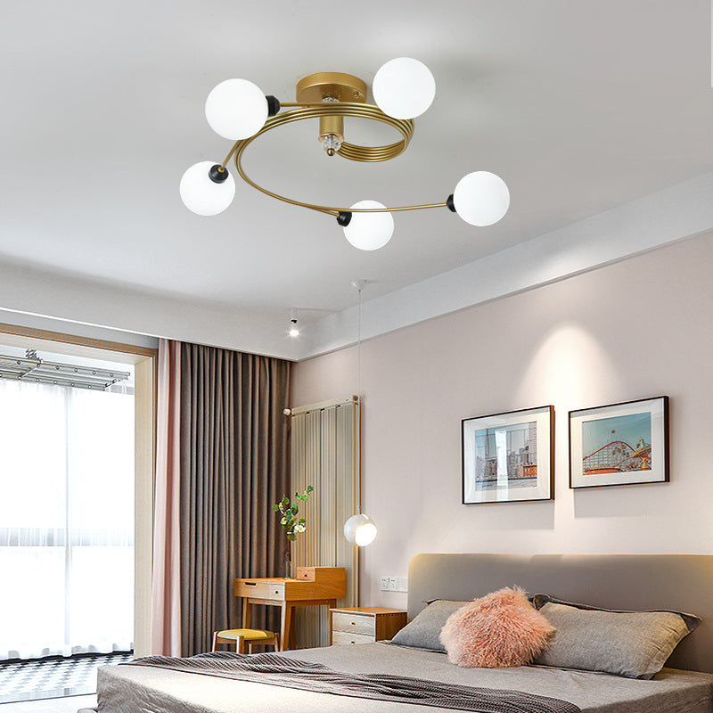 Gold Spiral Semi Flush Lighting Nordic 3/5 Lights Ceiling Flushmount with Orb Clear/Milk/White Glass Shade 5 Cream Clearhalo 'Ceiling Lights' 'Close To Ceiling Lights' 'Close to ceiling' 'Glass shade' 'Glass' 'Pendant Lights' 'Semi-flushmount' Lighting' 253764