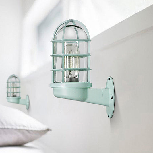 Cylinder Clear Glass Wall Mounted Lamp Industrial Single Bulb Living Room Sconce Light in Pink/Blue/Green with Cage Clearhalo 'Cast Iron' 'Glass' 'Industrial' 'Modern wall lights' 'Modern' 'Tiffany' 'Traditional wall lights' 'Wall Lamps & Sconces' 'Wall Lights' Lighting' 253775
