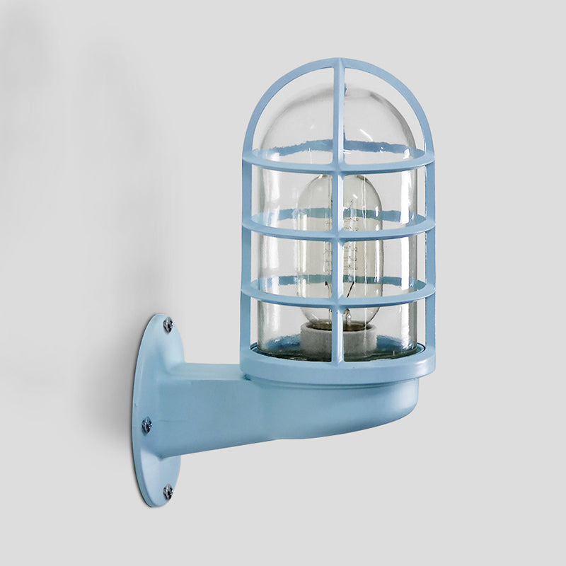 Cylinder Clear Glass Wall Mounted Lamp Industrial Single Bulb Living Room Sconce Light in Pink/Blue/Green with Cage Blue Clearhalo 'Cast Iron' 'Glass' 'Industrial' 'Modern wall lights' 'Modern' 'Tiffany' 'Traditional wall lights' 'Wall Lamps & Sconces' 'Wall Lights' Lighting' 253777