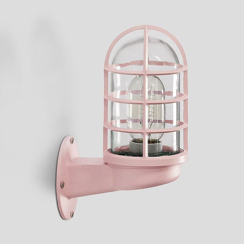 Cylinder Clear Glass Wall Mounted Lamp Industrial Single Bulb Living Room Sconce Light in Pink/Blue/Green with Cage Pink Clearhalo 'Cast Iron' 'Glass' 'Industrial' 'Modern wall lights' 'Modern' 'Tiffany' 'Traditional wall lights' 'Wall Lamps & Sconces' 'Wall Lights' Lighting' 253778