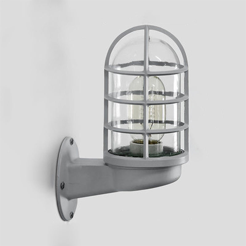 Cylinder Clear Glass Wall Mounted Lamp Industrial Single Bulb Living Room Sconce Light in Pink/Blue/Green with Cage Grey Clearhalo 'Cast Iron' 'Glass' 'Industrial' 'Modern wall lights' 'Modern' 'Tiffany' 'Traditional wall lights' 'Wall Lamps & Sconces' 'Wall Lights' Lighting' 253780